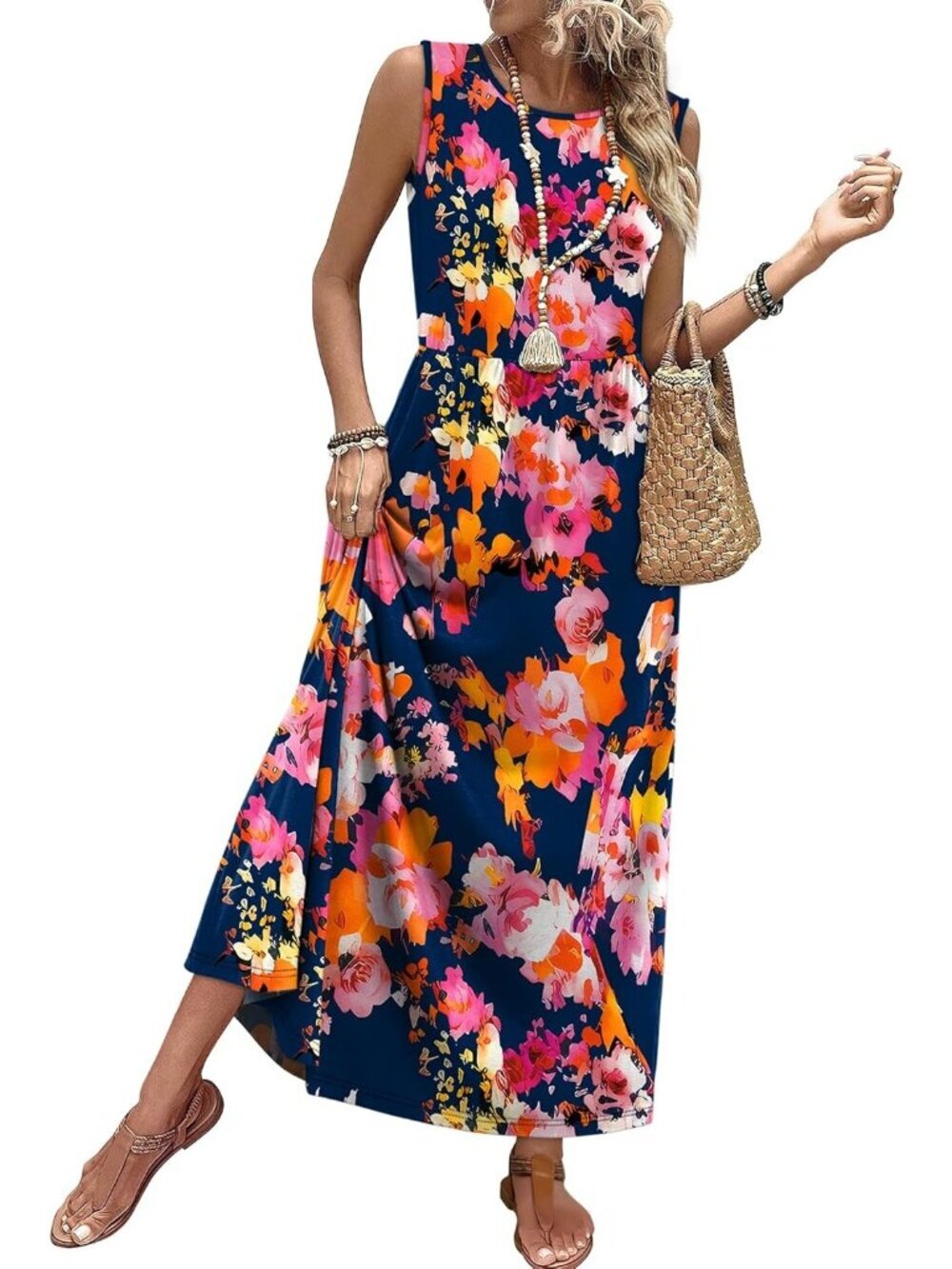 Women Floral Navy Pink Pull On A Line Sleeveless Sundresses Pockets Maxi Dresses